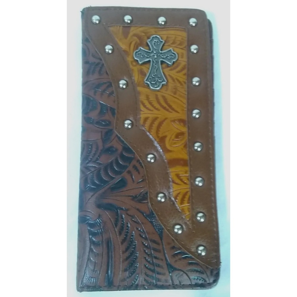 Women's Wallet Tooled Faux Leather Silver Cross Studded Canyon Sky ‎ 7.25x3.5"